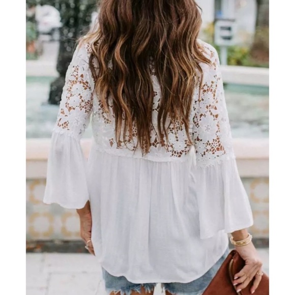 SOLD OUT White Boho Crochet Lace Button Up Blouse Top - Picture 2 of 4